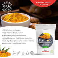 Just Vitamins High Strength Turmeric Curcumin 95% + Black Pepper Bioperine® 10,000mg Tablets x120, 4 Month Supply, Advanced Turmeric Supplement with Patented Black Pepper Extract for Max Absorption - UK Made