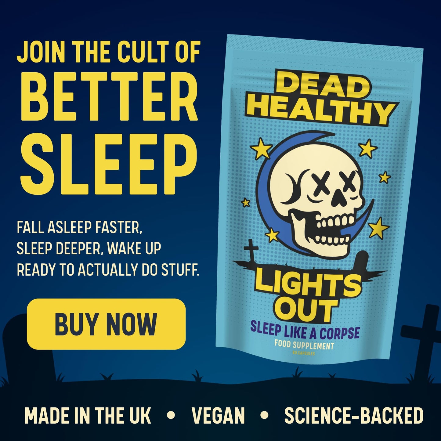 Dead Healthy Lights Out – Premium Night-Time Sleep Support with Magnesium, L-Theanine, Lemon Balm & Tart Cherry – 60 Vegan Capsules – Made in The UK