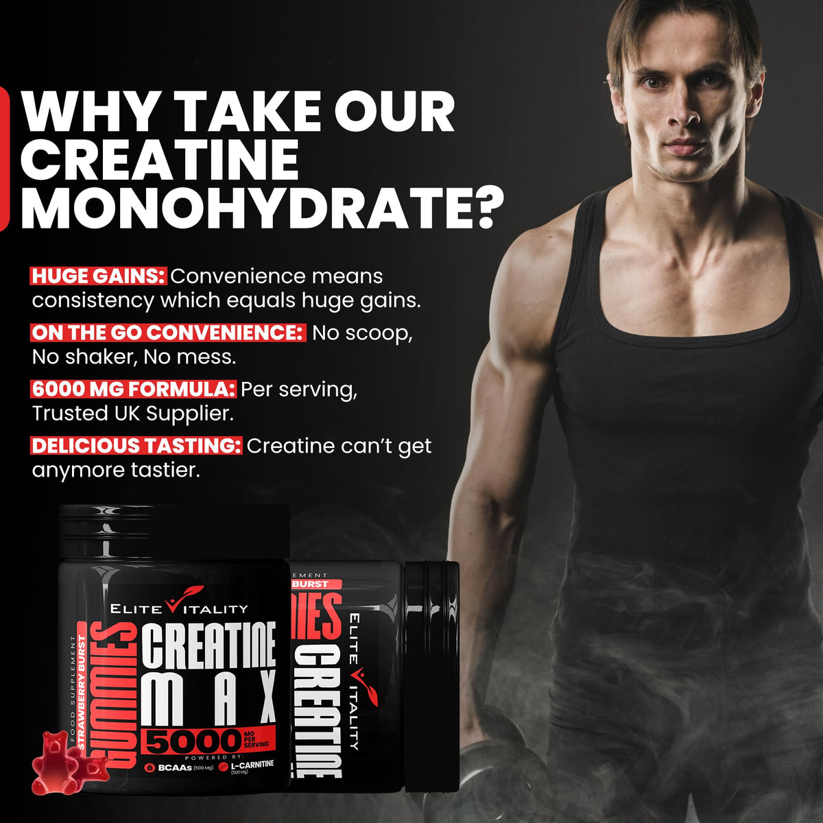 Elite Vitality Creatine Monohydrate 90 Gummies 5000mg + BCAAs & L-Carnitine – 3rd Party Lab Tested, Vegan, Sugar-Free, Pre Workout Muscle Growth & Recovery Gym Supplement for Men & Women – Juicy Strawberry Burst