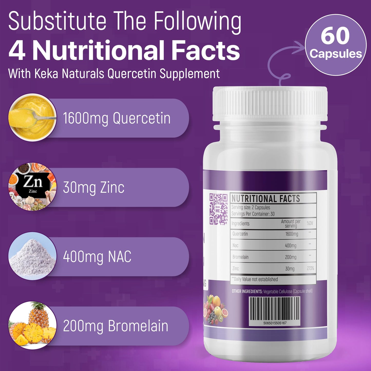 Keka Naturals Quercetin with Bromelain, NAC and Zinc - Powerful Quercetin Blend - 2230mg per Serving - Immune & Respiratory Support - Non-GMO, Gluten-Free, Vegan - 60 Veggie Caps, Anti-Aging