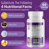 Keka Naturals Quercetin with Bromelain, NAC and Zinc - Powerful Quercetin Blend - 2230mg per Serving - Immune & Respiratory Support - Non-GMO, Gluten-Free, Vegan - 60 Veggie Caps, Anti-Aging