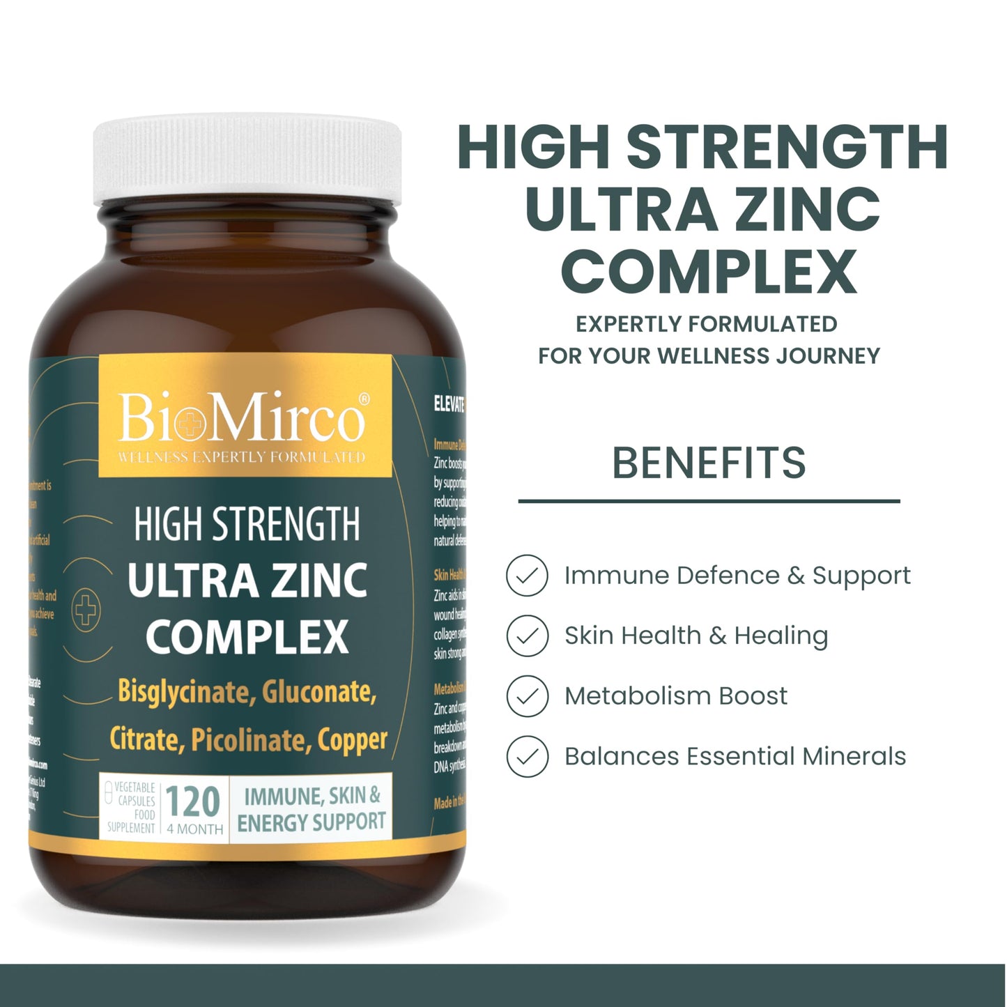 Bio Mirco Zinc Supplements, High Strength Zinc Picolinate, Bisglycinate, Gluconate, Citrate 30mg & Copper Complex, Immune System & Cognitive Function, Zink Supplement for Men & Women, 120 Capsules, UK Made