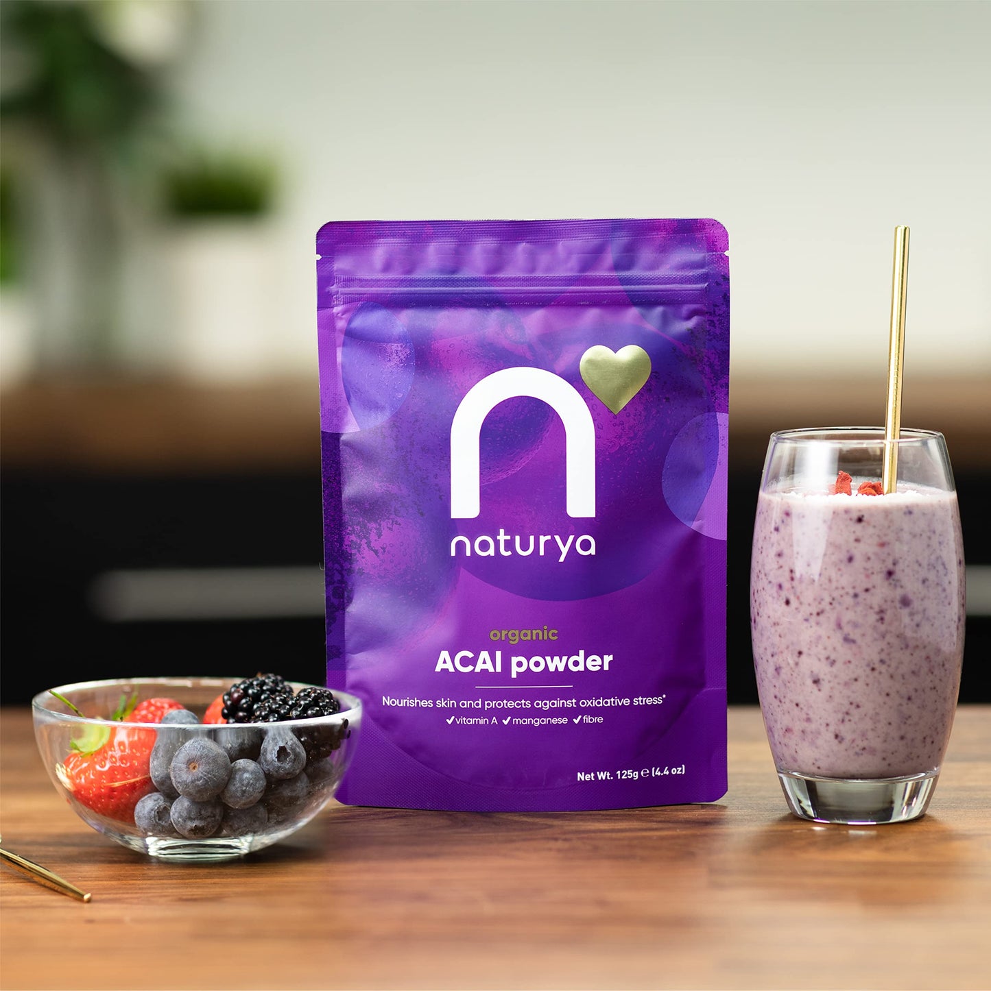 Naturya Organic Açaí Powder - Wild-Harvested from Amazonian Açaí Palms, Rich in Manganese & Vitamin A, High in Fibre, Antioxidant Superfood, Gluten-Free, Vegan - 125g Pouch