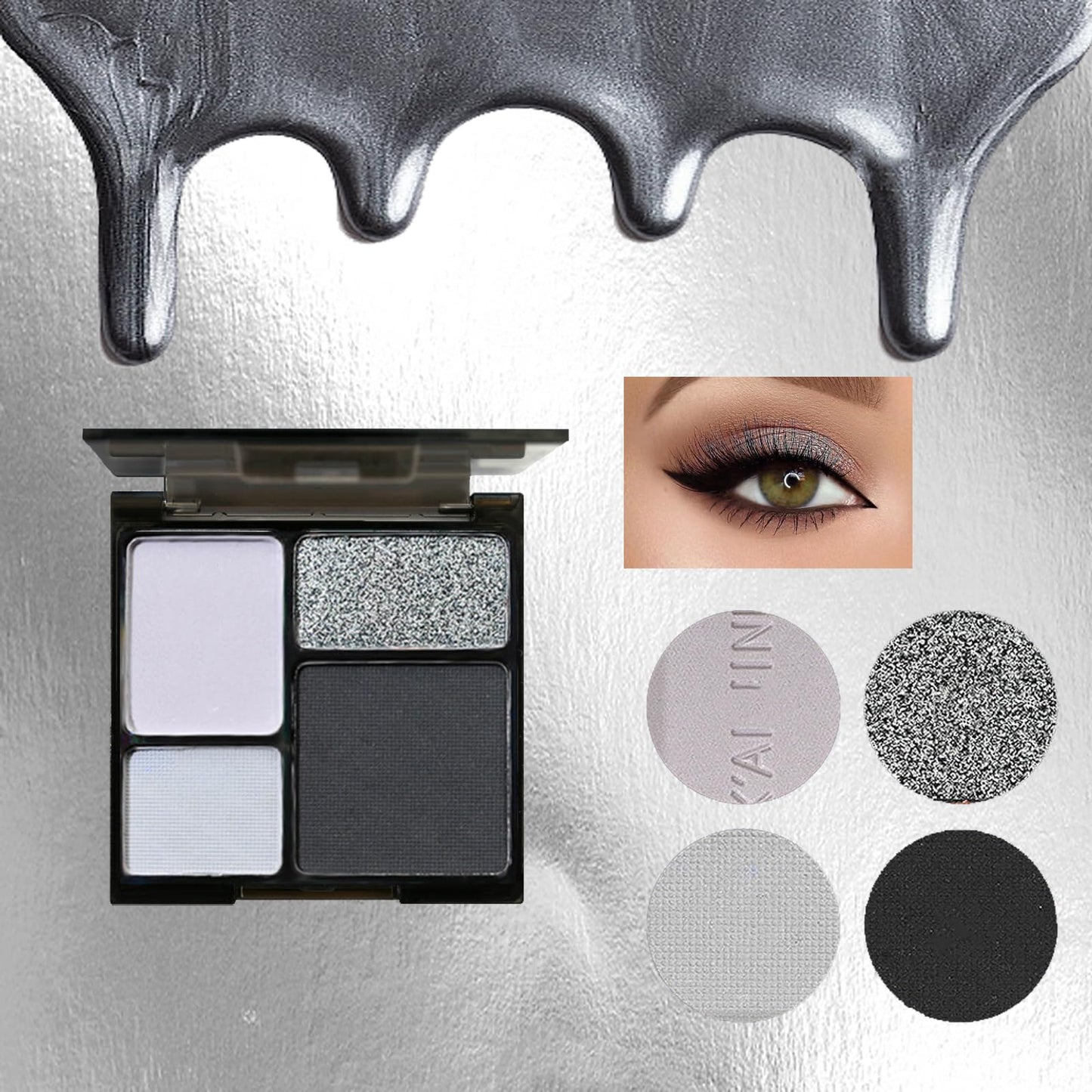LYNTYAOU Black Silver Smoky Eyeshadow Palettes Goth Eye Shadow Palette, Gray Cool Make-Up Palettes Shimmer for Women Glitter Make up Set, Festival Eyeshadows 4 Colour, Long Lasting Highly Pigmented with Brush