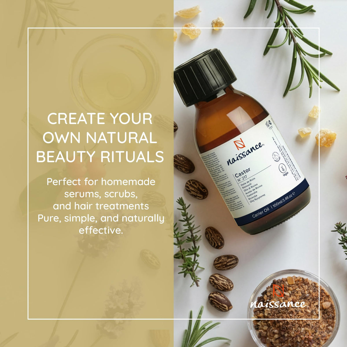Naissance Castor Oil Cold Pressed (No. 217) - 100ml - for Skin, Hair Growth, Mask, Wrap Kit, Eyelashes, Eyebrows, Beard