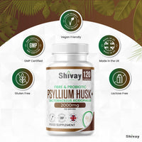 Psyllium Husk 2000mg + 200 Mcfu Lactobacillus Acidophilus Per Serving | Probiotics & Natural Soluble Fiber Supplement | 120 Vegan Capsules - 2 Month Supply | Made in The UK by Shivay Herbals