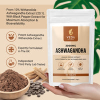 Pure Ashwagandha Extract 180 Tablets 3000mg - 10% Withanolides with Black Pepper Extract - 3 Month Supply - Premium High Strength, Maximum Bioavailability, Vegan Friendly. Made in The UK.