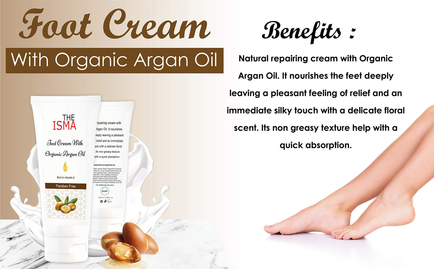 THE ISMA Foot Cream for Renewing Extremely Dry, Rough and Bumpy Feet, Moisturise and Protect Feet, Contain Organic Argan Oil with Vitamin E, 100ml