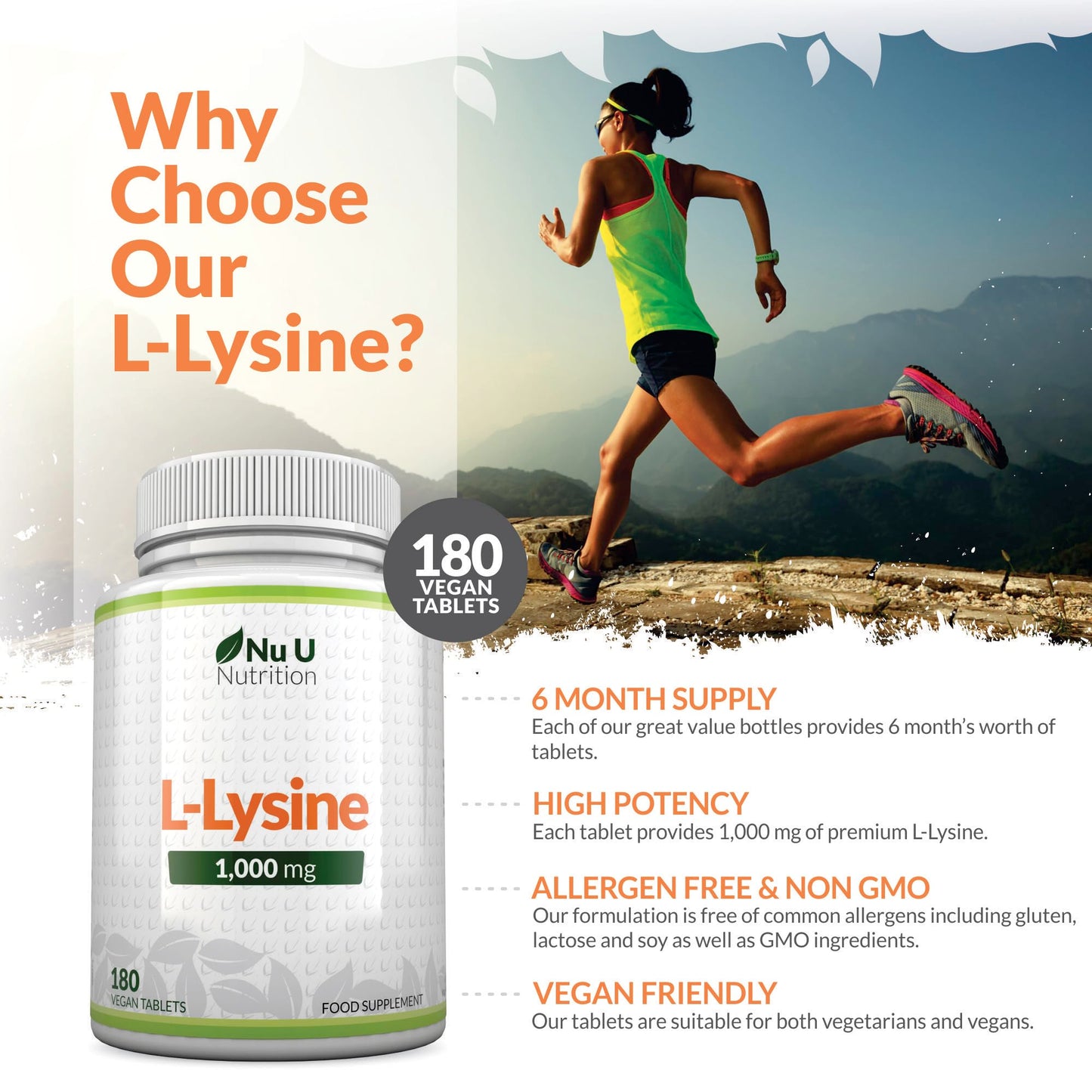 L-Lysine 1000mg High Strength - 180 Vegan Tablets - 6 Month Supply - Essential Amino Acid - Made in The UK - Nu U Nutrition