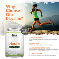 L-Lysine 1000mg High Strength - 180 Vegan Tablets - 6 Month Supply - Essential Amino Acid - Made in The UK - Nu U Nutrition