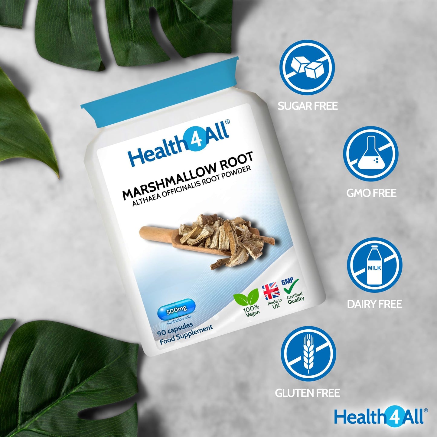 Health4All Marshmallow Root 500mg per Capsule, 90 Capsules, Digestive Health Support