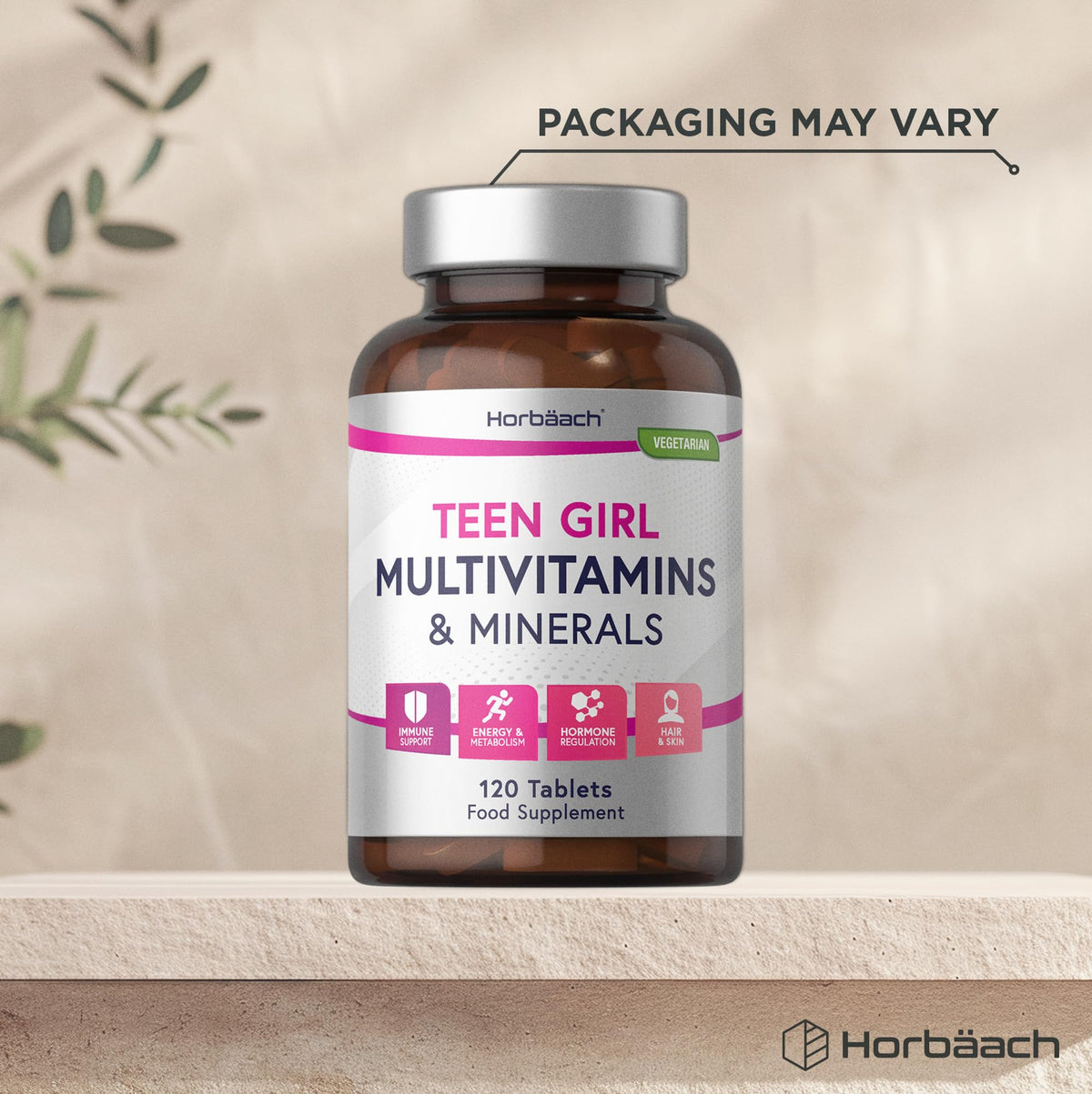 Horbäach Multivitamin Tablets for Teen Girls | 120 Count | 14 Essential A-Z Vitamins and Nutrients | with Iron, Vitamin B12, Folic Acid and Magnesium | Vegetarian | By Horbaach