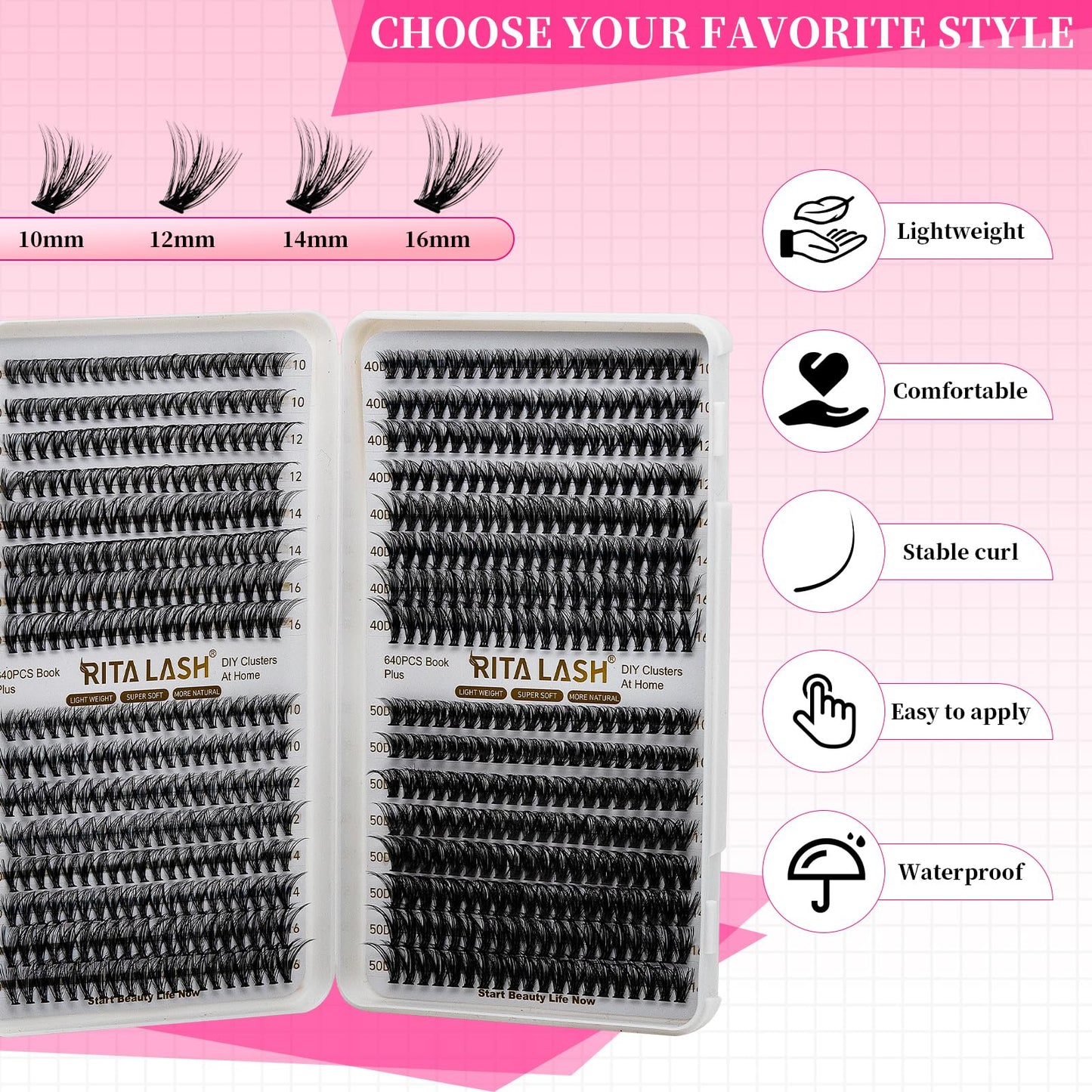 RITALASH 384PCS 4 Style Cluster Lashes Book Individual Lashes Clusters Eyelash Extensions False Eyelashes DIY Wispy Fluffy Lash Extension Kit Natural Look (20D+30D+40D+50D cluster lashes)