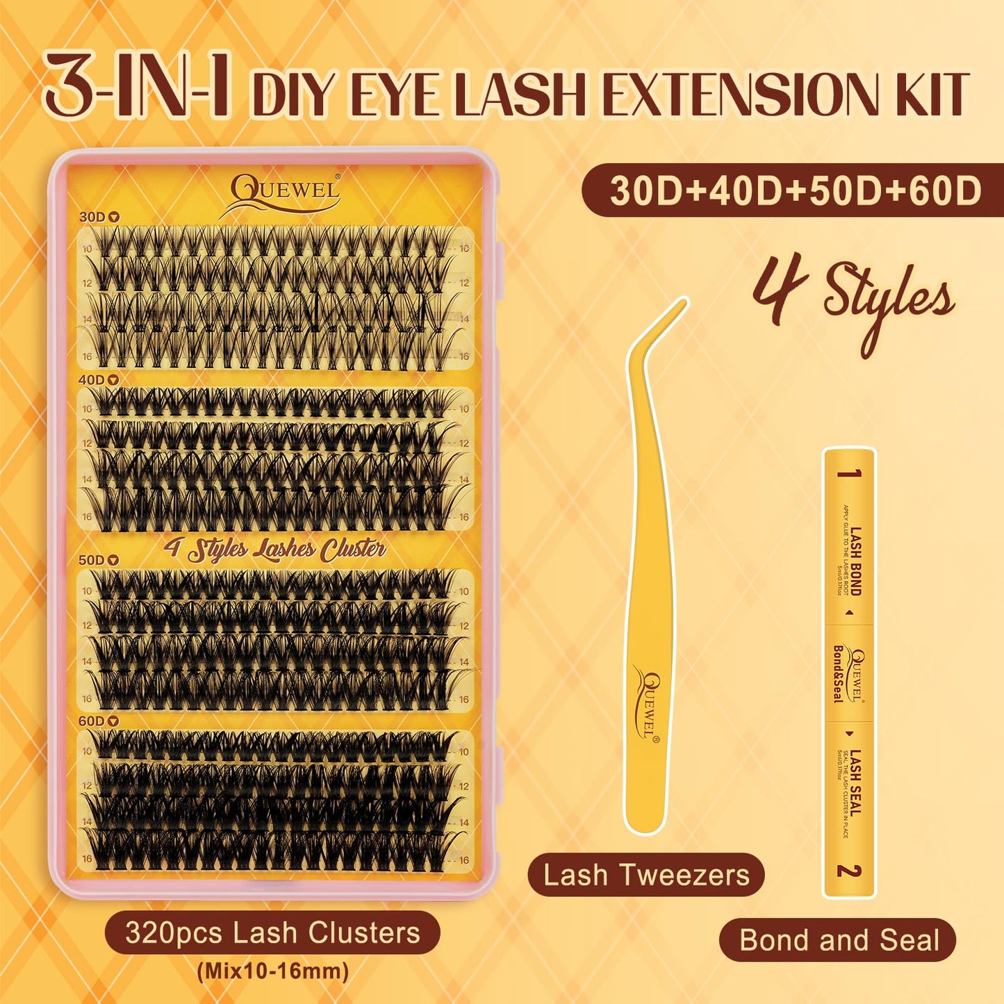 QUEWEL Cluster-Lashes-Kit, 320PCS Lash Extension Kit Mixed Length 10-16mm, Thick Eyelash Clusters with Bond And Seal and Lash Tweezers, Easy DIY at Home for Women(30+40+50+60D KIT)