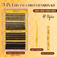 QUEWEL Cluster-Lashes-Kit, 320PCS Lash Extension Kit Mixed Length 10-16mm, Thick Eyelash Clusters with Bond And Seal and Lash Tweezers, Easy DIY at Home for Women(30+40+50+60D KIT)