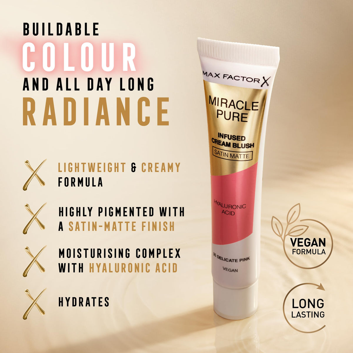 Max Factor Miracle Pure Cream Blush Matte Delicate Pink, Plumps & Hydrates, Buildable Glow, Infused with Hylaluronic Acid & Squalene, Lightweight Creamy Texture, All Day Glow, Fresh & Healthy Skin