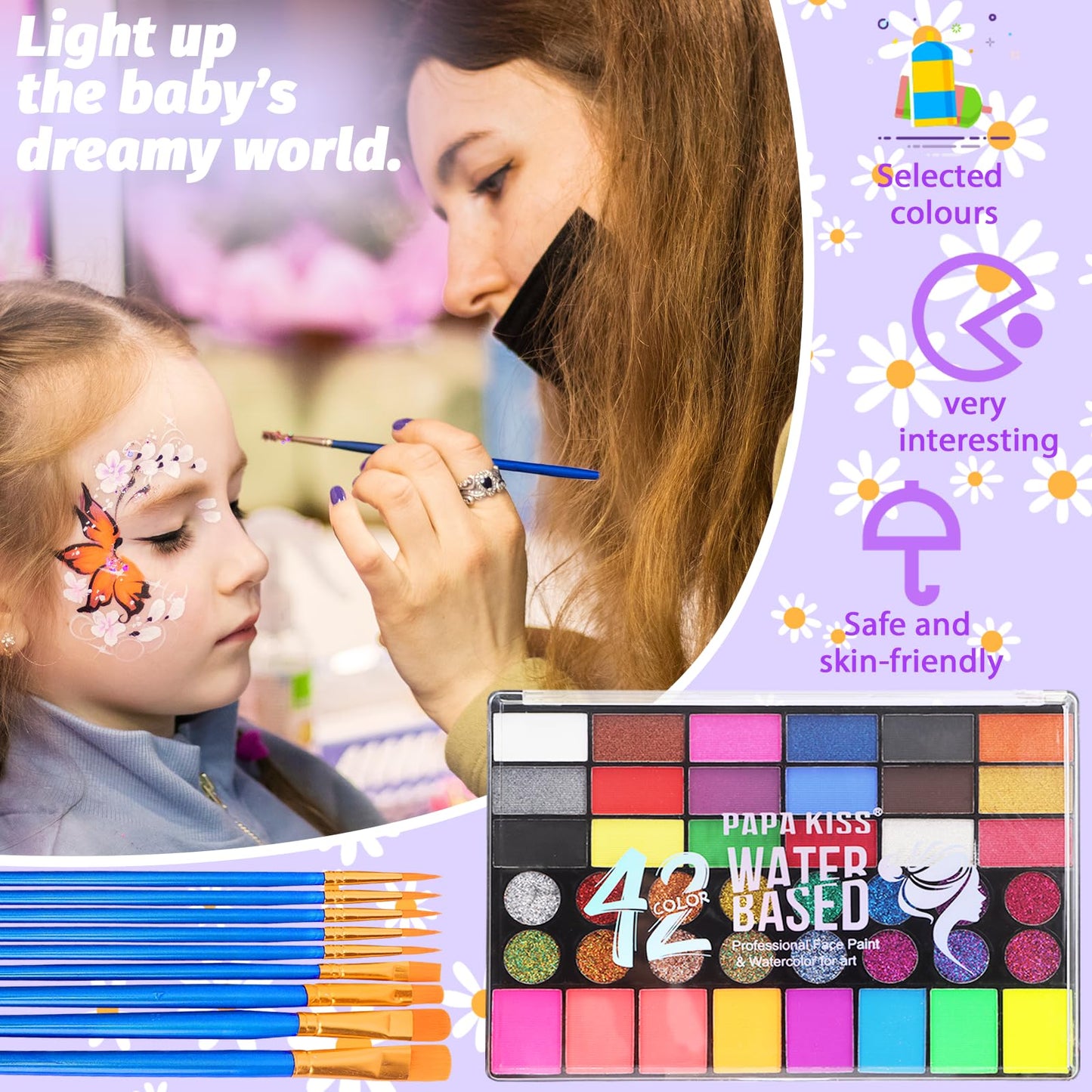 Zefphxs Face Painting Kit, 42 Colors Body Paint With 10 Pcs Brushes, Safe & Non-Toxic Washable for Children Adults Halloween Christmas Party