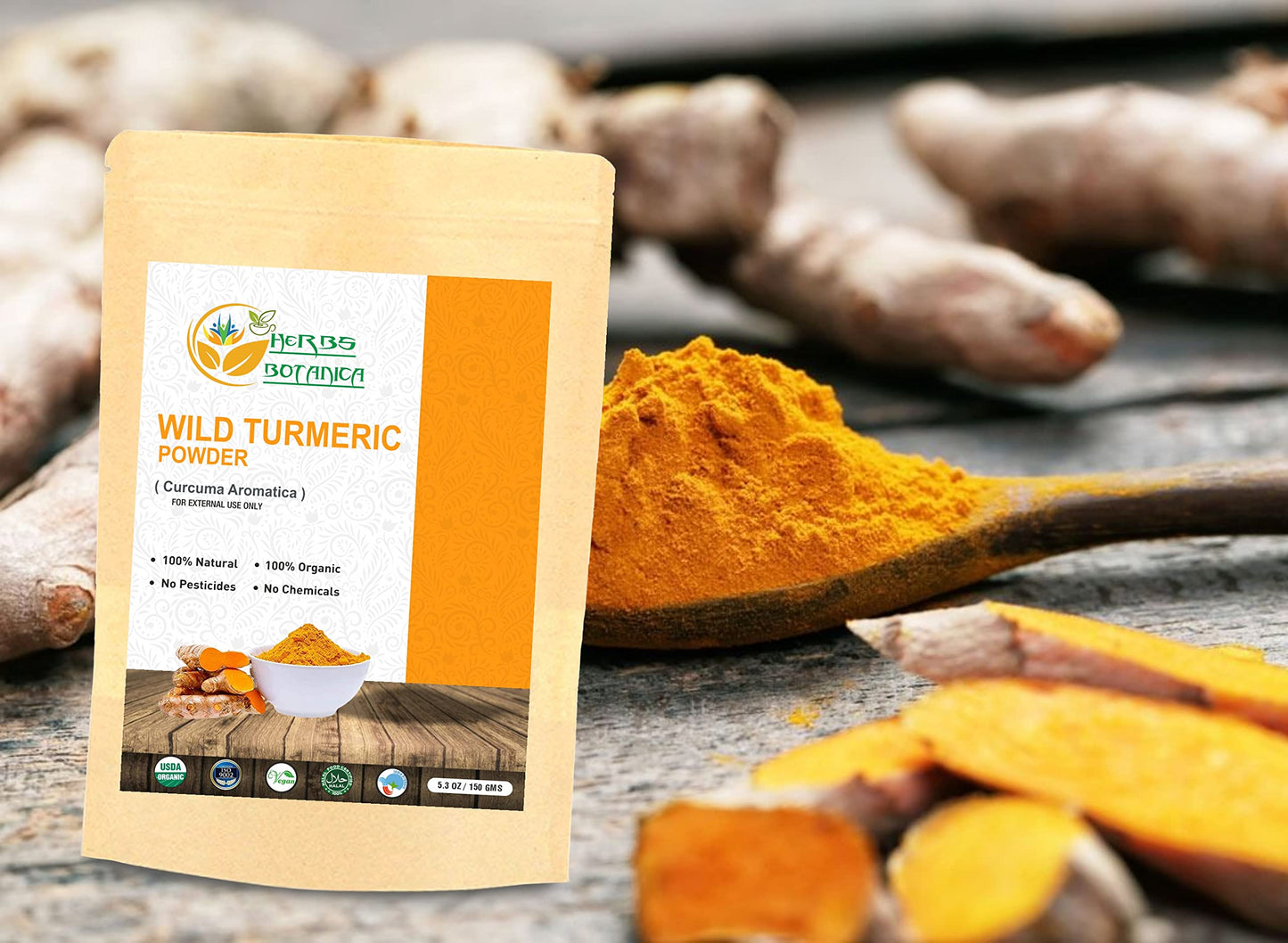 Herbs Botanica Wild Turmeric Powder For Face Reduces Acne, Face Mask, Dark Spots, Hyperpigmentation, Smooth Skin, Kasturi Manjal, Kasturi Turmeric, Aromatic Turmeric 150 Gms / 5.30 Oz