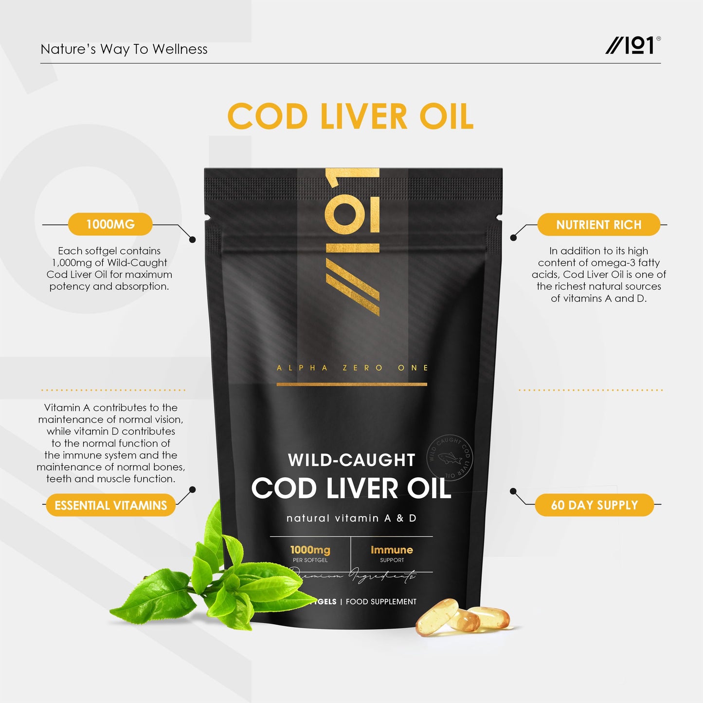 ALPHA01 Cod Liver Oil 1000mg – 60 Softgels – Wild-Caught & Cold-Pressed - Source of Omega-3 Fatty Acids – Rich in Vitamins A & D3 – Immune Health + Vision Support – 2 Months Supply by Alpha01