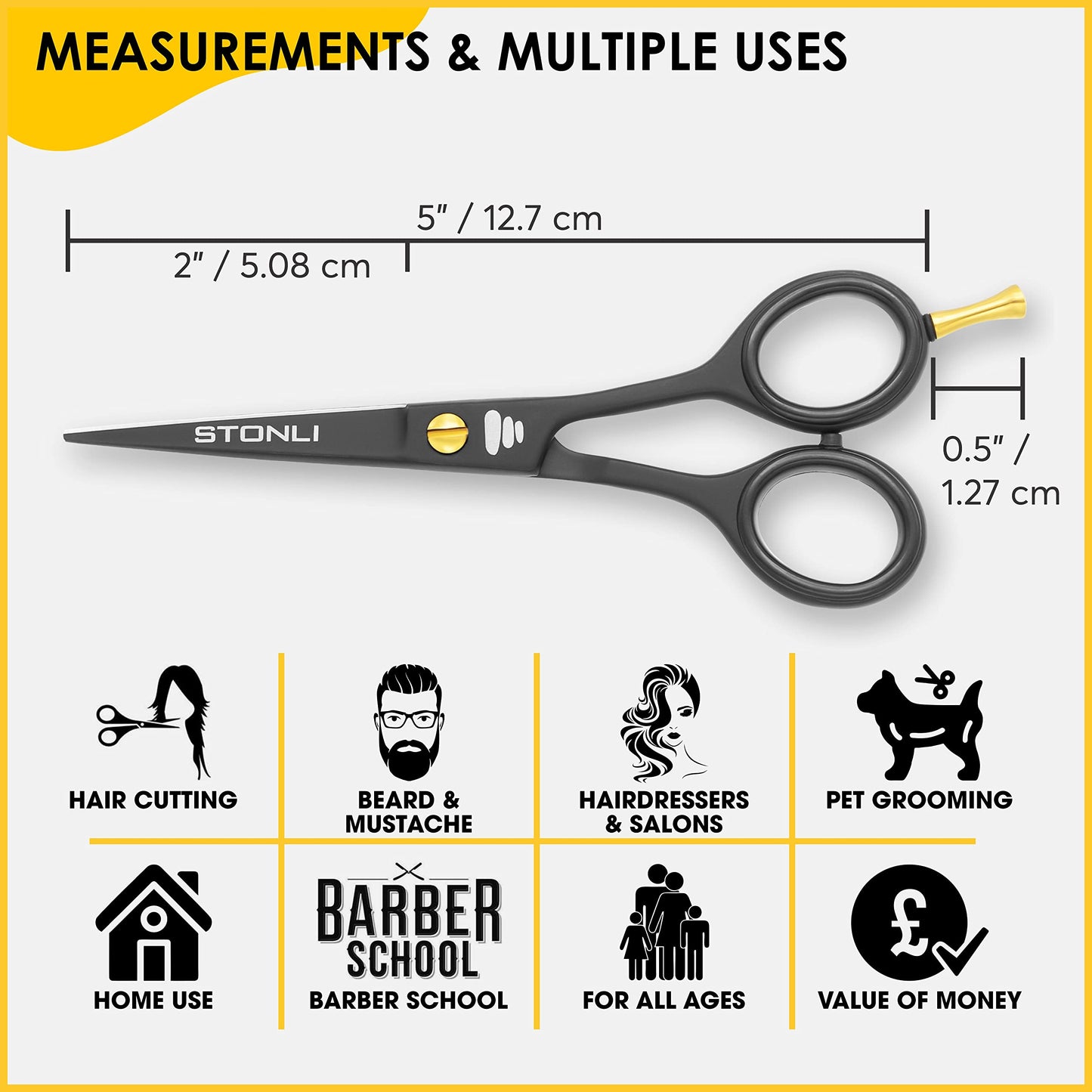 STONLI® 5" Beard and Moustache Scissors with Comb & Pouch - Small Hairdressing Scissors - Nose, Ear & Eyebrows Hair Scissors (Black)