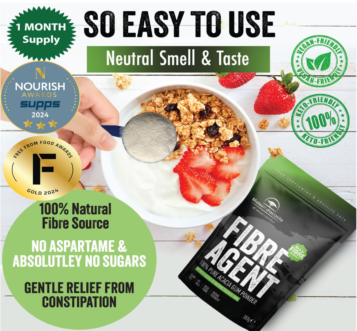 Maison d'acacia Acacia Fibre Supplement 350g Multi Award Winning. Gentle Daily Prebiotic Regularity & Constipation Relief Unflavoured. Natural Fiber with Nothing Added. Psyllium Husk & Inulin Alternative. 35 Servings