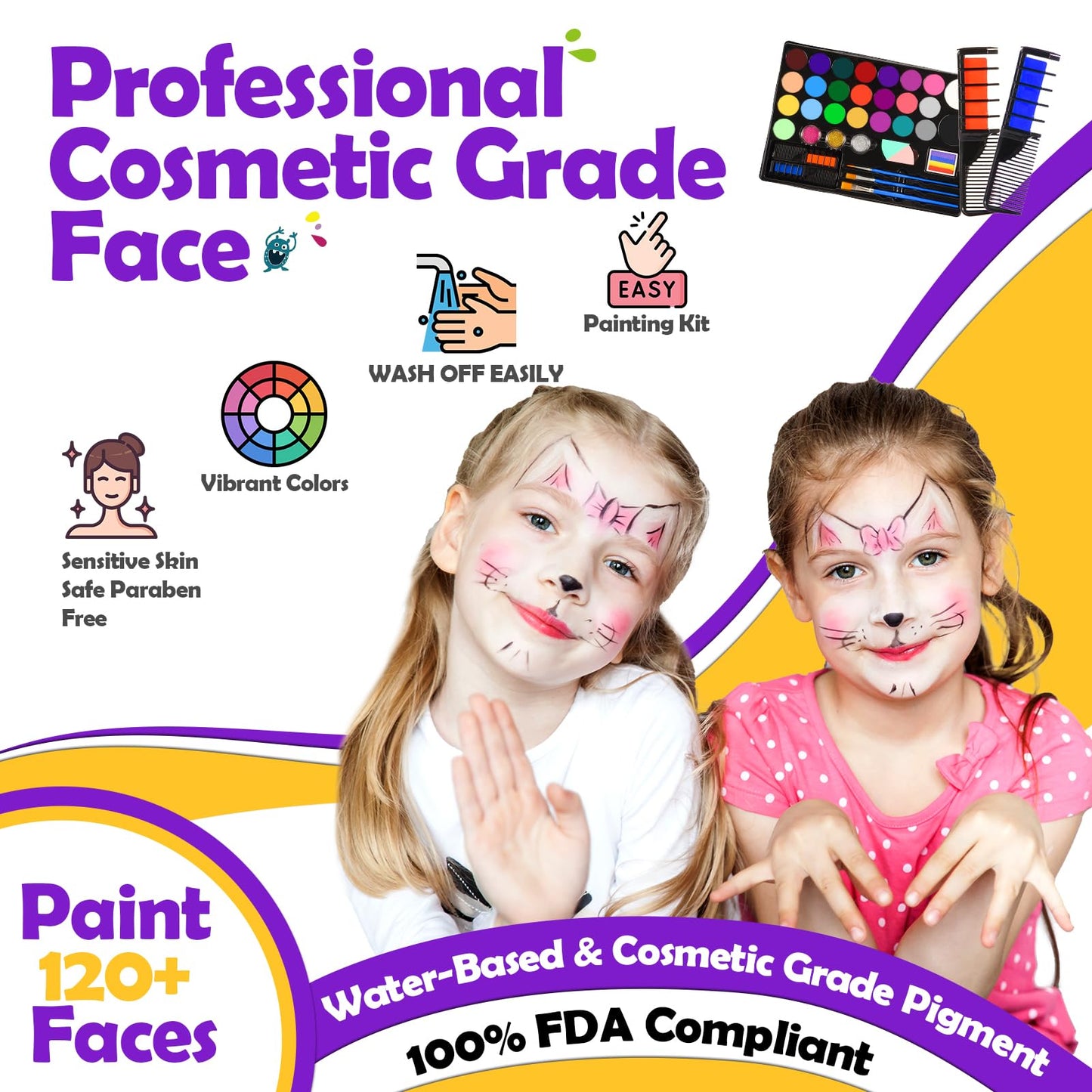 Grriopi Face Painting Kit for Children, 28 Colors Face Body Paints with 3 Brushes 30 Stencils Girls Toys Age 4-9 Carnival Halloween Gifts for Girl 5 6 7 8 9 Year Old Xmas Washable Non Toxic Kids Makeup Set