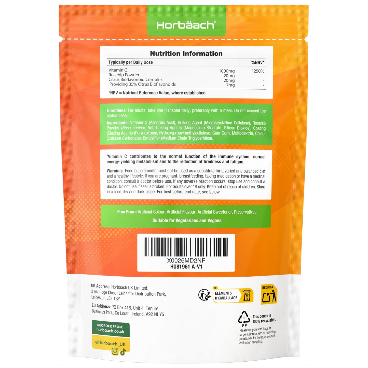Horbäach Vitamin C Tablets 1000mg | 180 Tablets | Complex Supplement with Rosehip and Bioflavonoids | Vegan and Vegetarian Friendly | by Horbaach