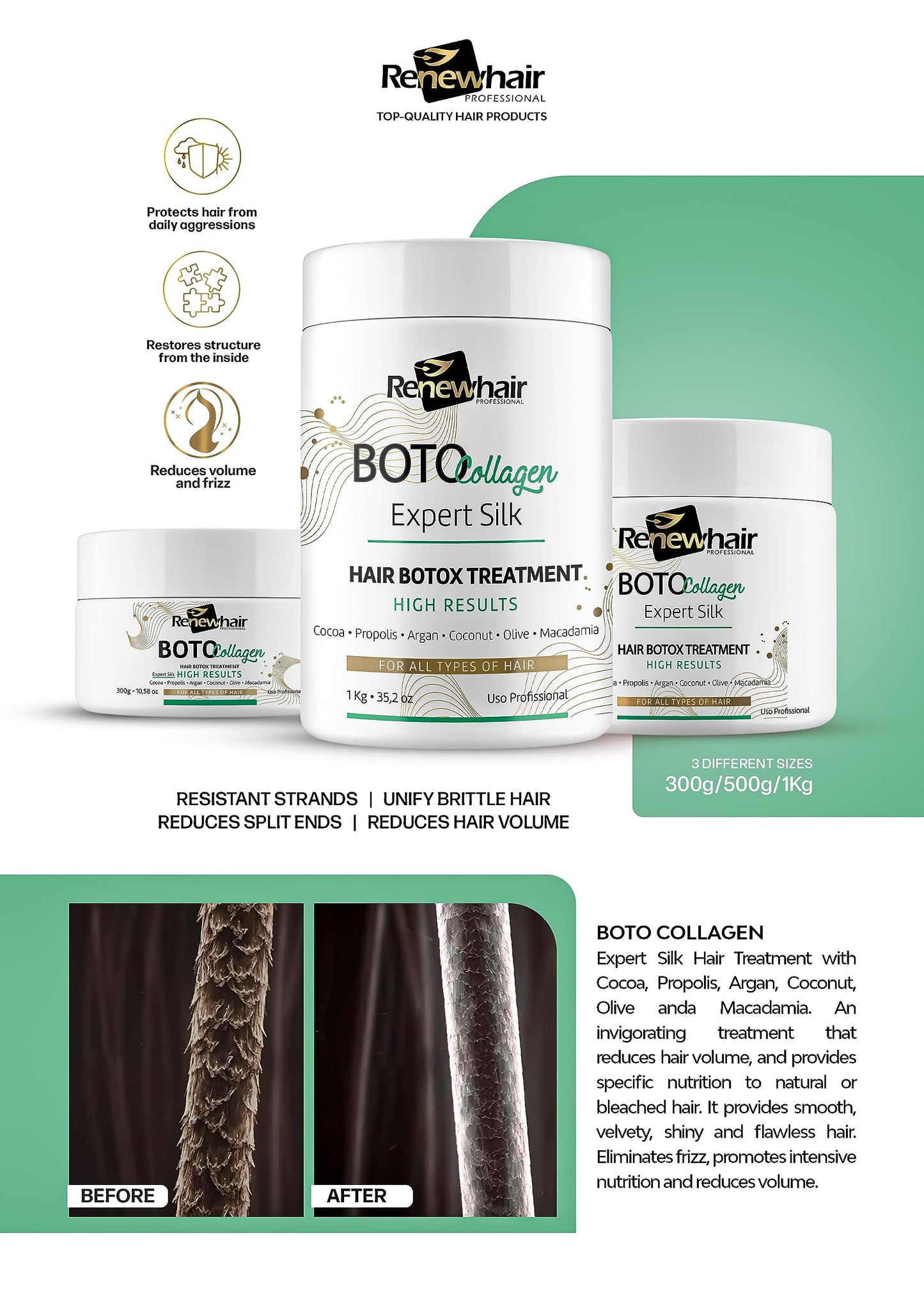 Renew Hair Professional BOTO COLLAGEN MASK HAIR EXPERT SILK 300g COLLAGEN,ARGAN,COCOA,MACADAMIAS traightening For Silky Smooth & Frizz Free Hair Smooth Renew