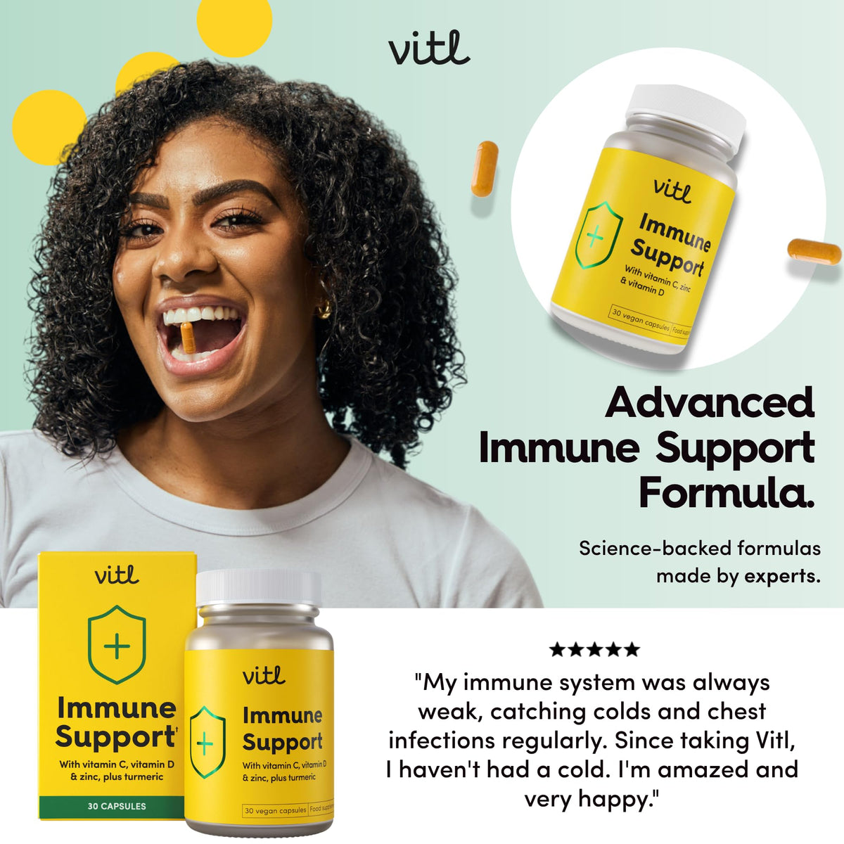 VITL Vitl Immune Support Supplement - 30 Vegan Capsules - with Vitamin D, Vitamin C, Folate, Zinc, Turmeric & Elderberry Extracts - 1 Month Supply