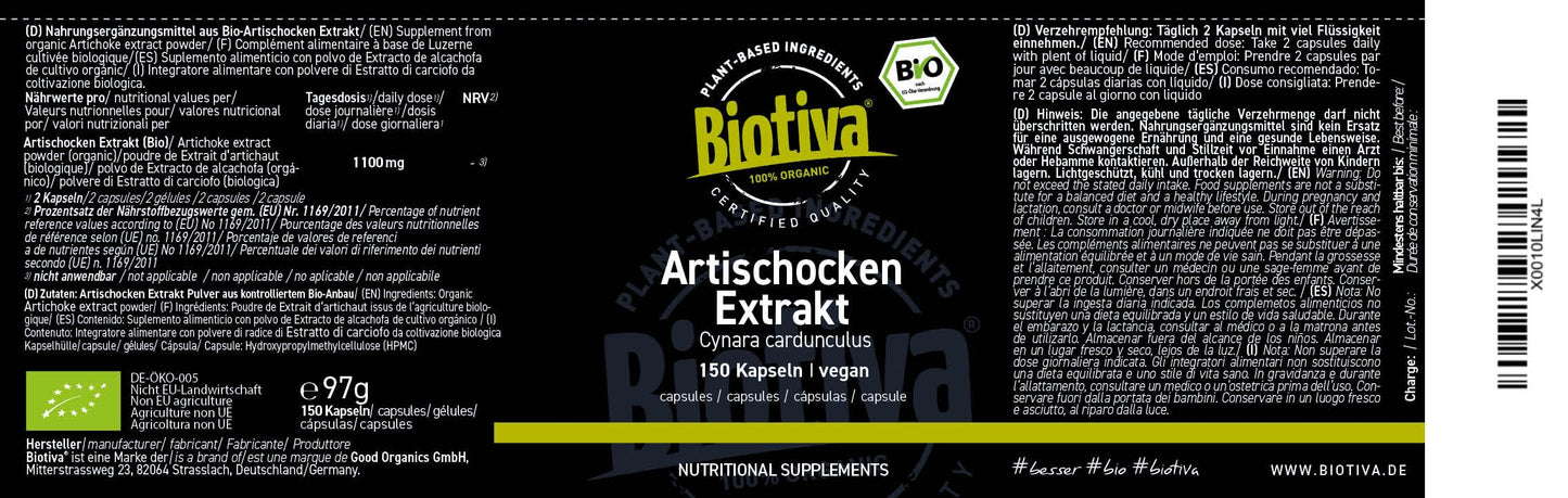 Biotiva Artichokes Extract Organic - 300 (2x150) Capsules - Organic Extract - from Fresh Artichoke Leaves - high dose with 10-20:1 Ratio - Minimum 2,5% Cynari - Packed in Germany - Vegan
