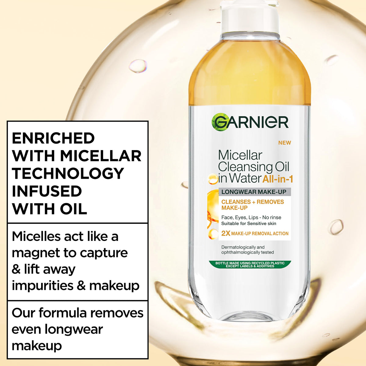 Garnier Micellar Cleansing Water For Dry Skin 400ml, Oil Infused Cleanser & Waterproof Makeup Remover, Recognised By The British Skin Foundation, Use With Reusable Micellar Eco Pads