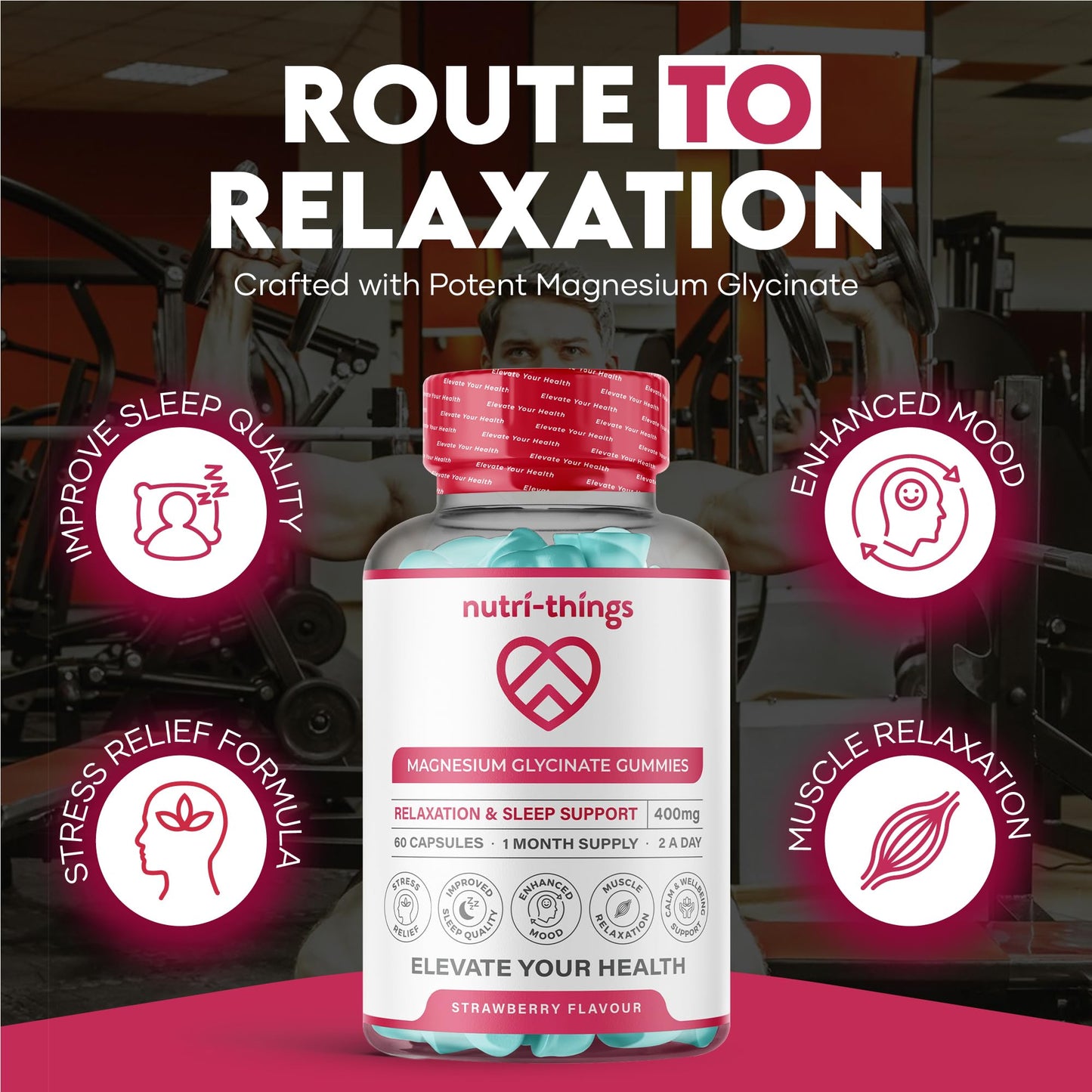 Nutri-things Magnesium Glycinate Gummies Adult - Mixed Berry Flavor, 400mg High Absorption Magnesium Chewable for Stress Relief, Sleep & Muscle Relaxation - Non-GMO, Gluten-Free - 60 Count, 30-Day Supply