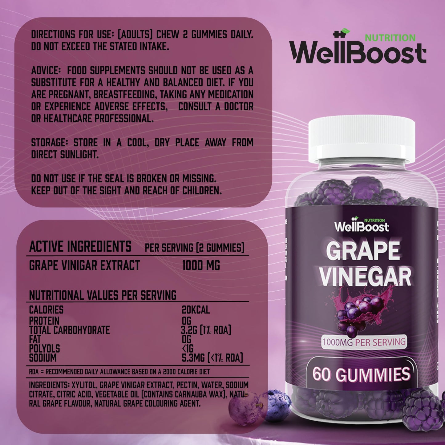 WellBoost Grape Vinegar Gummies, Rich in Grape Vinegar Extracts 1000mg- Chewable Vegan Sugar-Free Gummies, Grapes Flavour (1 month supply)