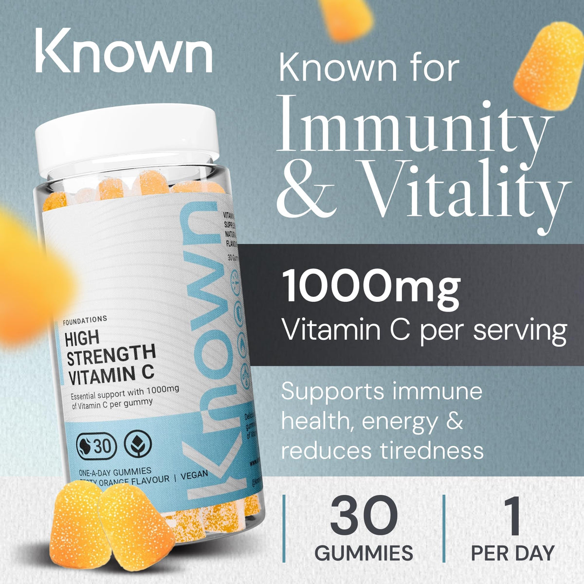 Known 1000mg High Strength Vitamin C (Ascorbic Acid) Gummies – Zesty Orange Flavour – Chewable Vegan Gummy Supplement – Immune, Collagen, Energy & Antioxidant Support – 1 Month Supply – One-A-Day