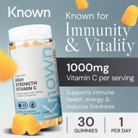 Known 1000mg High Strength Vitamin C (Ascorbic Acid) Gummies – Zesty Orange Flavour – Chewable Vegan Gummy Supplement – Immune, Collagen, Energy & Antioxidant Support – 1 Month Supply – One-A-Day