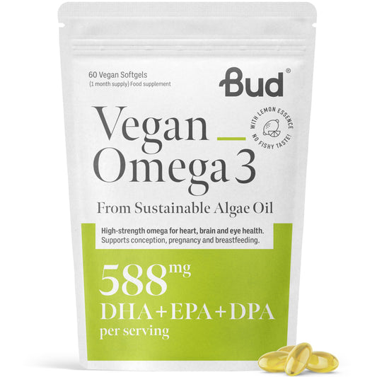 Bud Vegan Omega 3 Supplements - High-Strength DHA EPA & DPA - Premium Plant-Based Algae Oil Omega 3 - Omega Supports Brain, Eye & Heart Health - 60 Omega 3 Vegan Capsules (1 Month Supply)