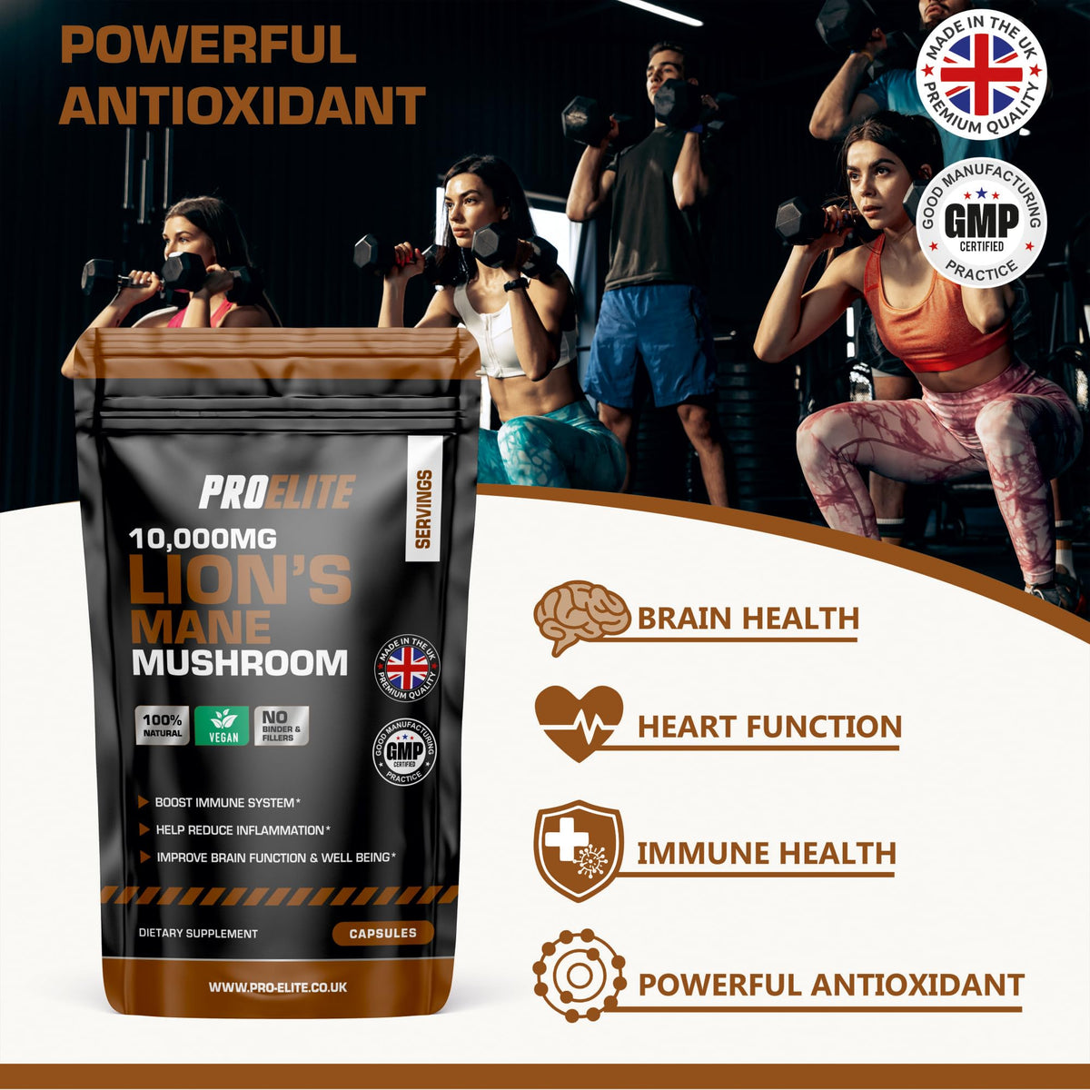 Lions Mane Mushroom Supplement 10,000mg - 120 Capsules Vegan High Strength 20:1 Extract Lions Mane Capsule Not Powder or Tablets Made in The UK by PROELITE
