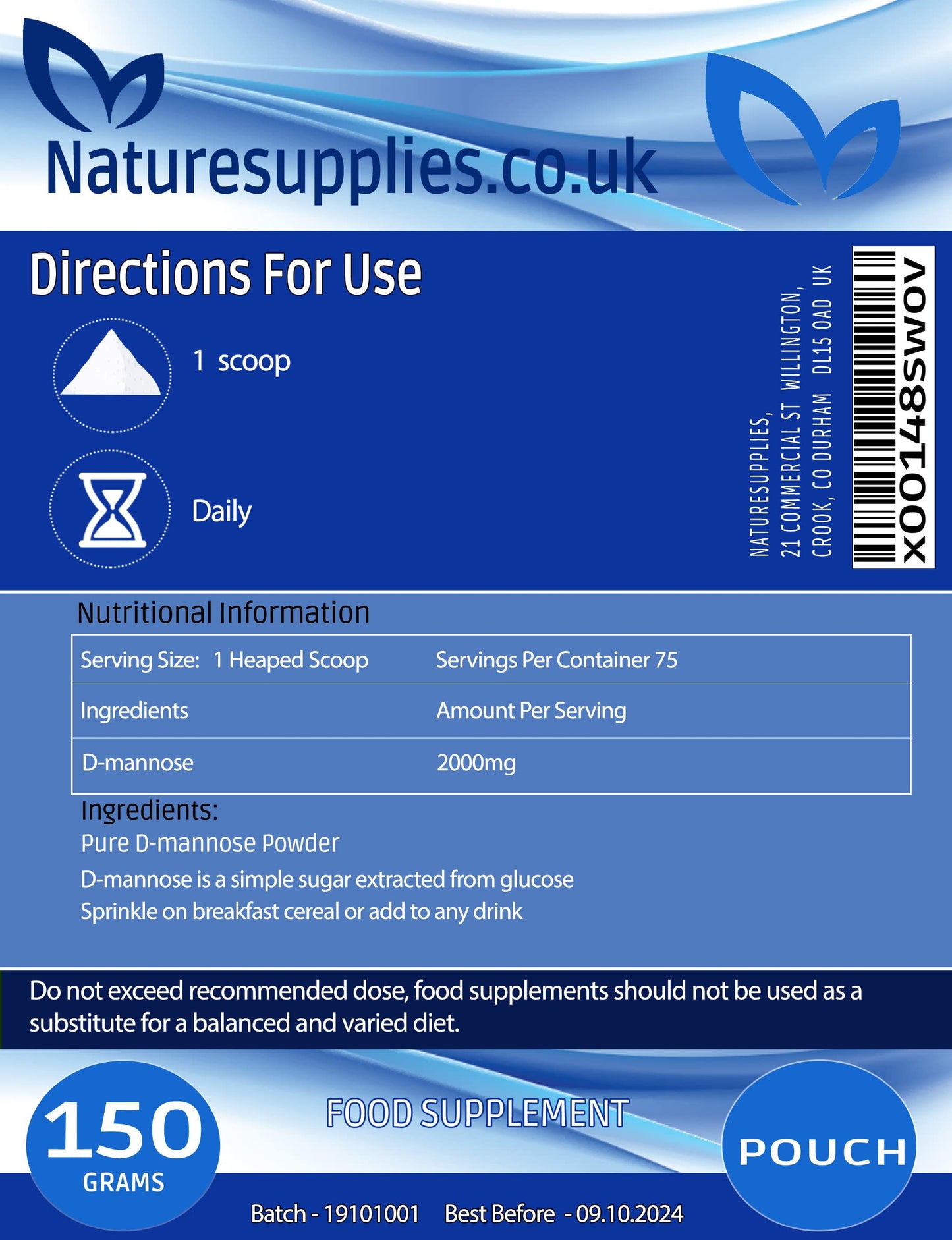 naturesupplies D-mannose Powder 150g - GMO Free - Vegan Friendly - Highly Concentrated Mannose, Pure Ingredients, No Chemicals in Our Supplements from Naturesupplies