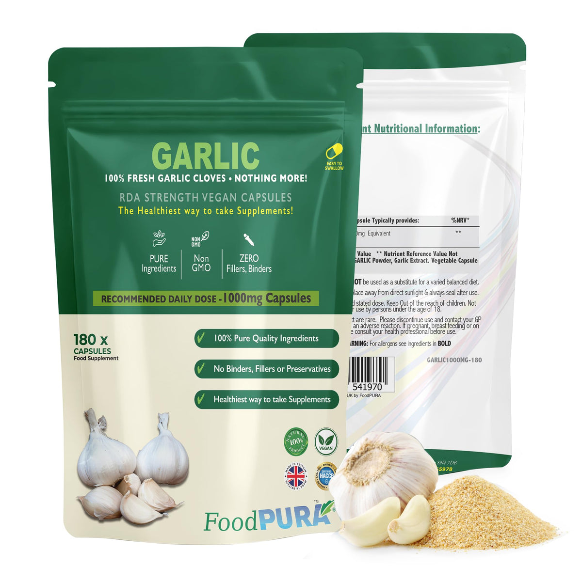 FoodPURA 180 X Pure Garlic Capsules Recommended Daily Strength 1000mg - Capsules are The SAFEST Way to take Any Supplement! HACCP Certified, Manufactured in The UK.