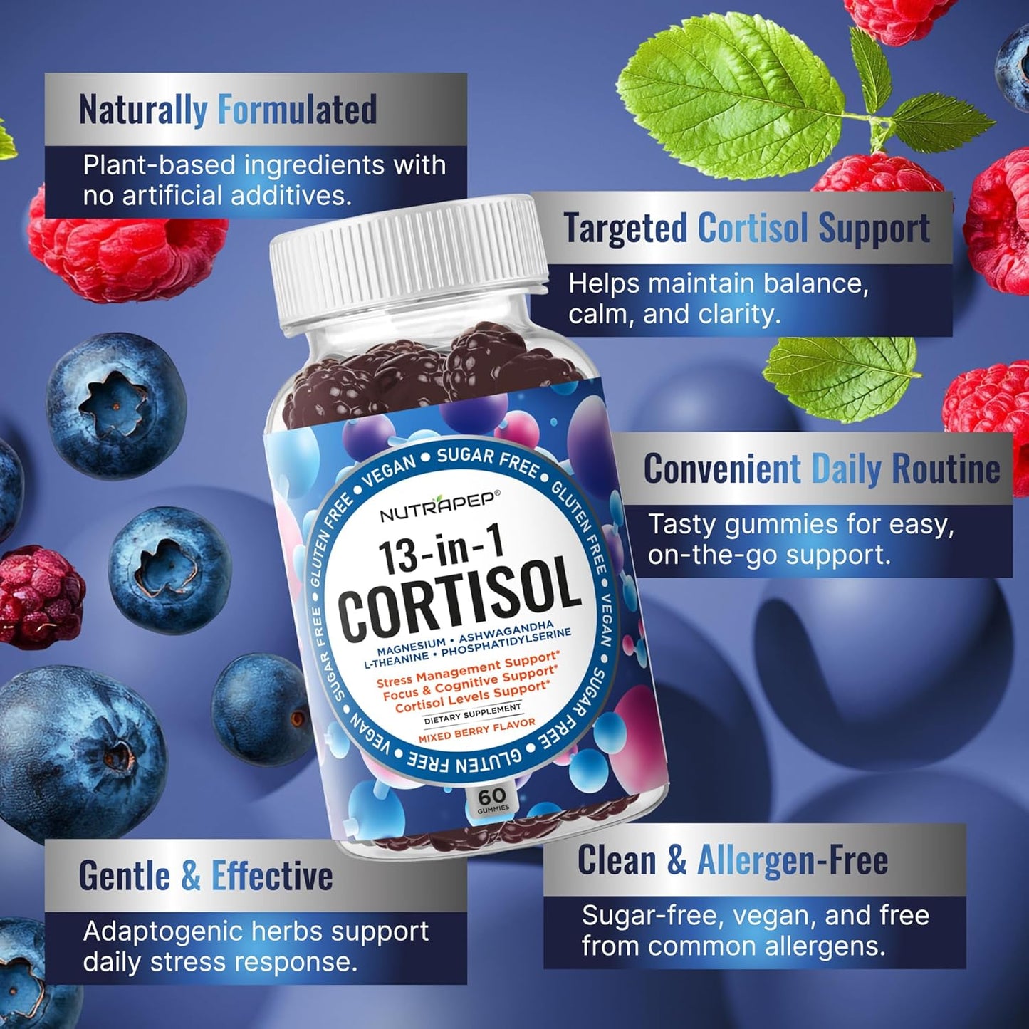 Cortisol Gummies for Women Men, 13-in-1 High Cortisol Reducer with Ashwagandha Magnesium L-theanine Rhodiola Rosea - Vegan Sugar Free, 60 Count