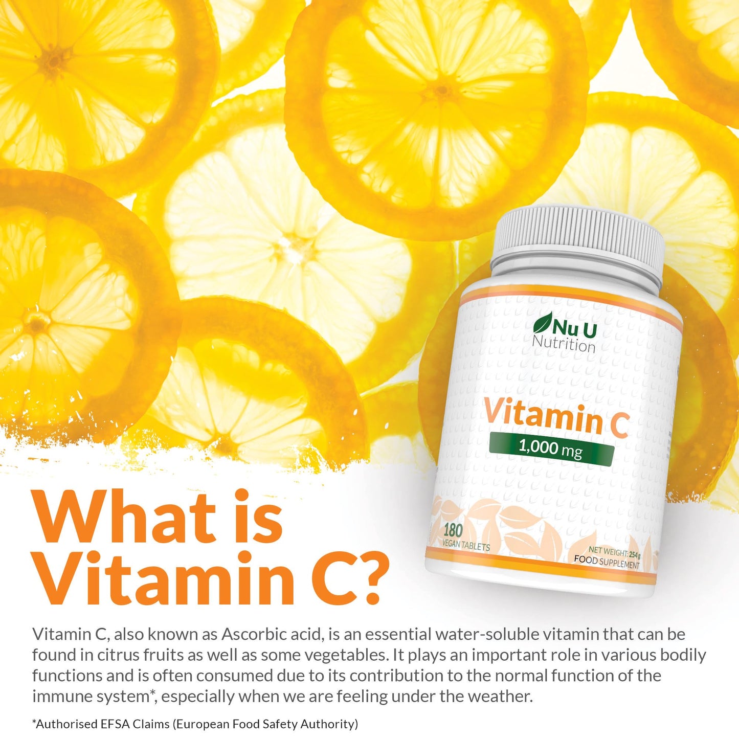 Nu U Nutrition - Vitamin C 1000mg - 180 Vegan Tablets - 6 Month Supply - High Strength Ascorbic Acid - Made in the UK