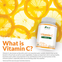 Nu U Nutrition - Vitamin C 1000mg - 180 Vegan Tablets - 6 Month Supply - High Strength Ascorbic Acid - Made in the UK