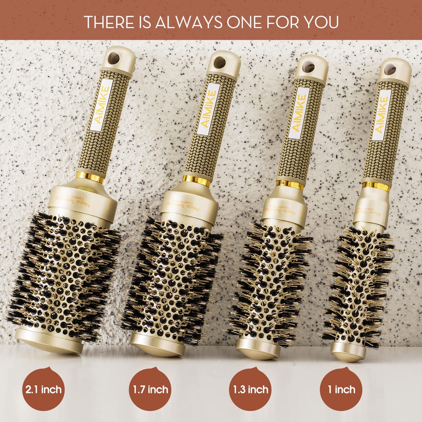 AIMIKE Round Hair Brush, Nano Thermal Ceramic & Ionic Tech Hair Brush, Small Round Brushes w/Boar Bristles for Blow Drying, Enhance Texture for Hair Drying, Styling, Curling and Shine (Barrel 1 inch)