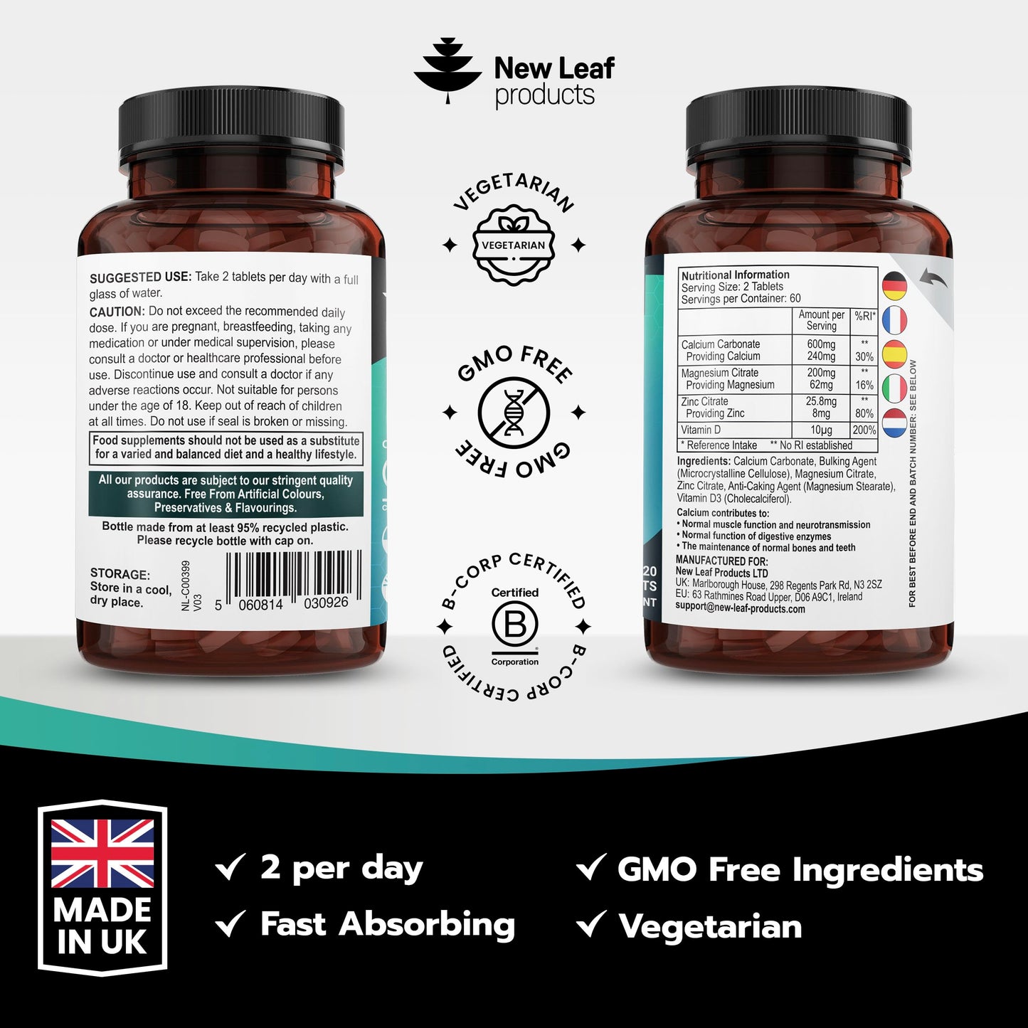 NEW LEAF PRODUCTS Calcium Magnesium Zinc and Vitamin D Supplement - 120 High Strength Tablets Supplement with Magnesium Vitamin D, Zinc Tablets Complex Made in The UK by New Leaf