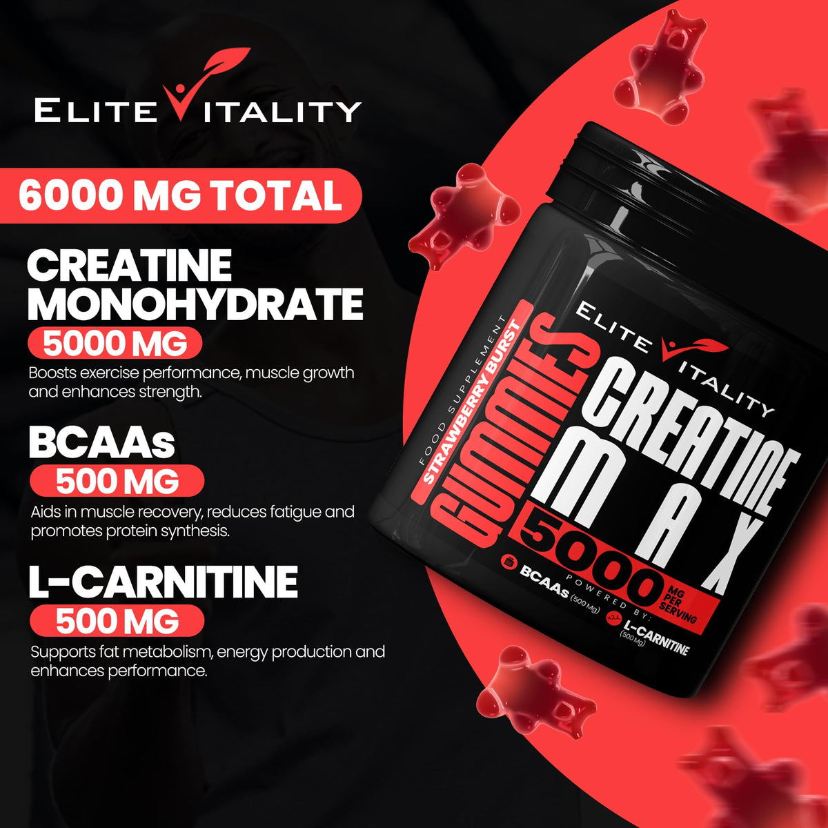 Elite Vitality Creatine Monohydrate 90 Gummies 5000mg + BCAAs & L-Carnitine – 3rd Party Lab Tested, Vegan, Sugar-Free, Pre Workout Muscle Growth & Recovery Gym Supplement for Men & Women – Juicy Strawberry Burst