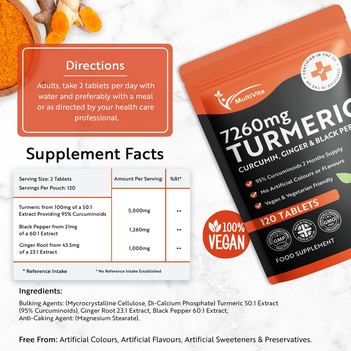 Multivita Turmeric Curcumin Tablets 7,260mg Per Serving - 95% Curcuminoids 2 Months Supply - with Ginger & Active Curcumin Including Black Pepper to Aid Absorption - High Strength Tumeric Supplement - Vegan UK