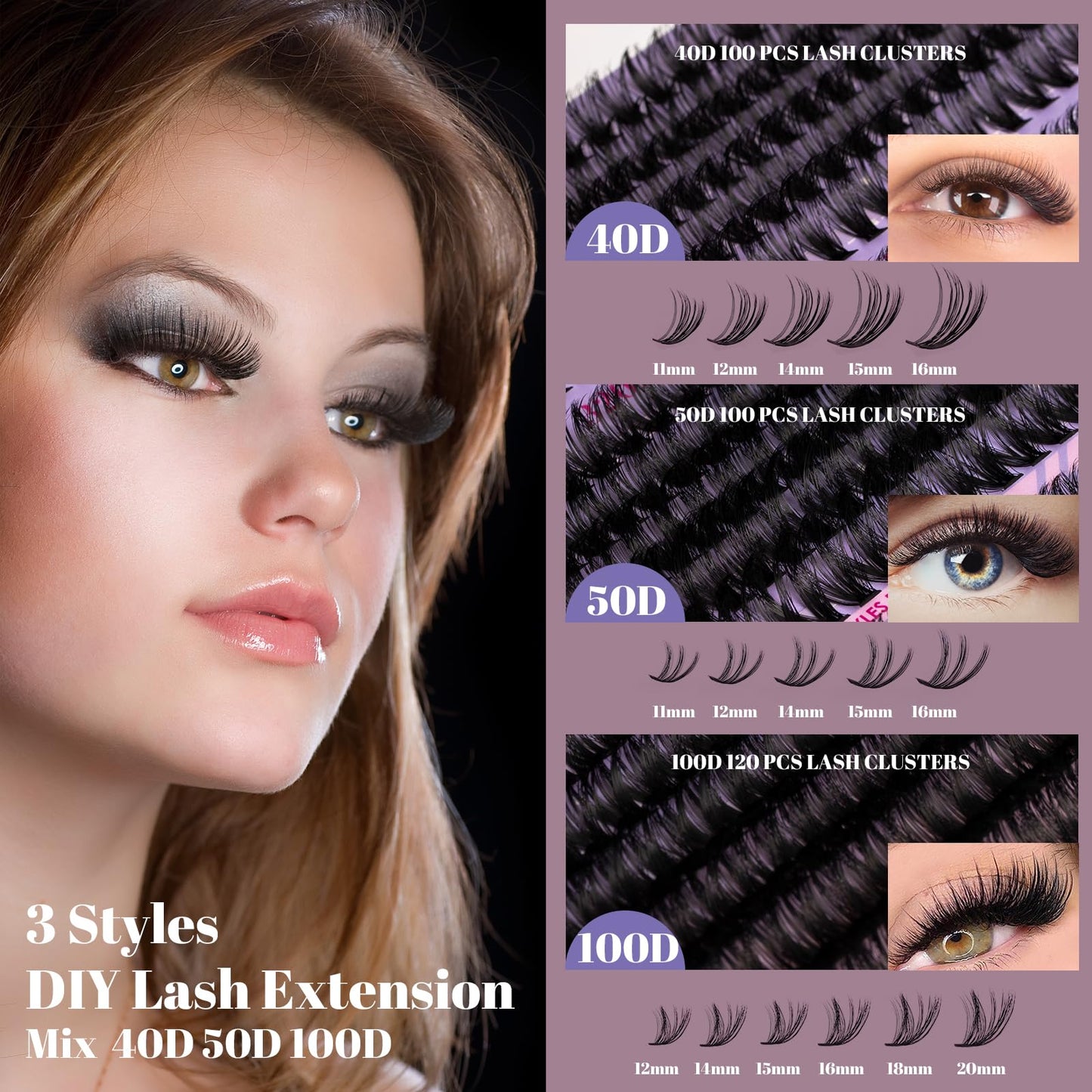 ocean pearl Ocean Pearl Cluster Lashes Kit 320PCS Individual Eyelashes 40D+50D+100D Eyelash Extension Kit 11-20mm False Eyelashes DIY Lash Extension Natural Lash Clusters with Super Bond&Seal&Remover&Tweezer-100D