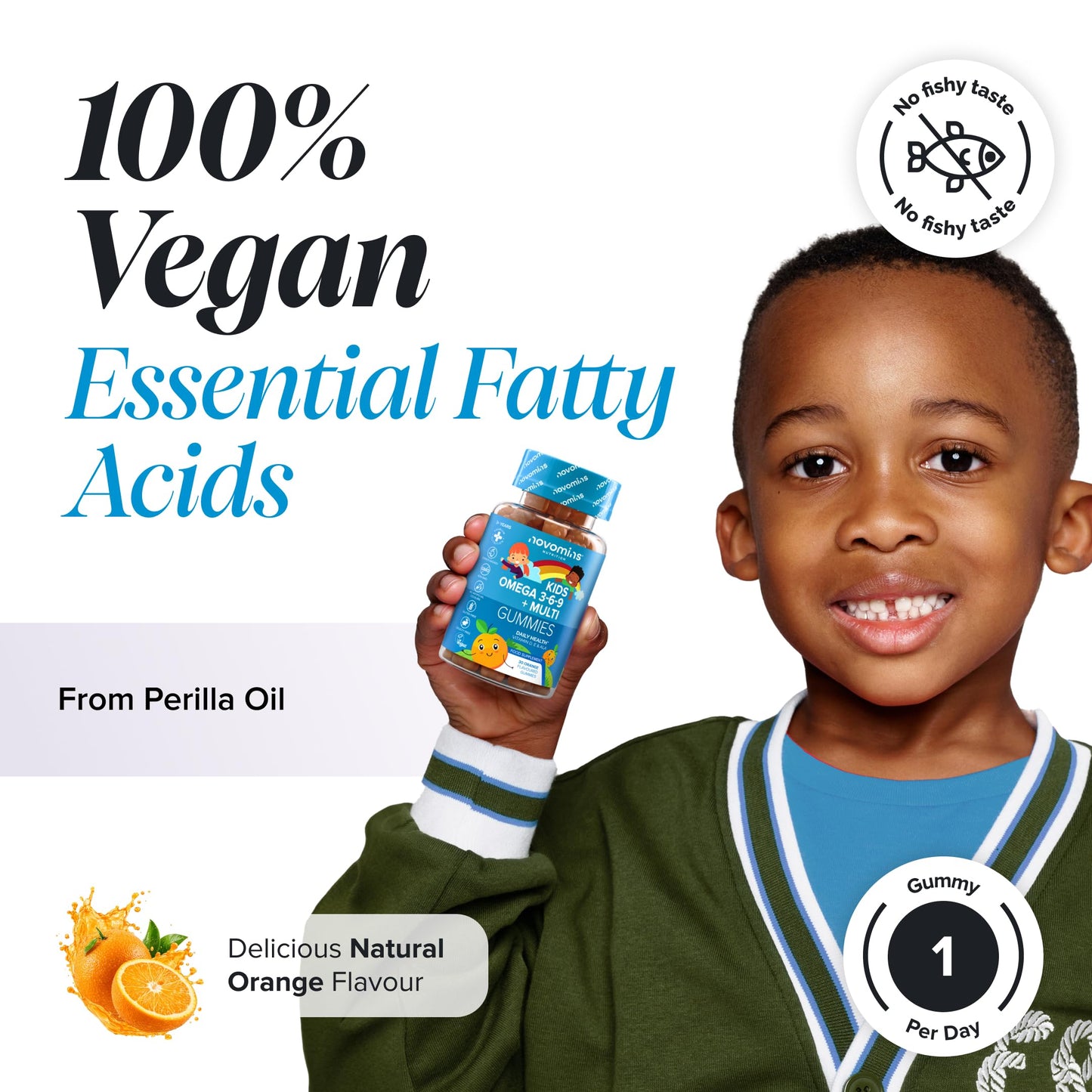 novomins Omega 3 6 9 for Children – with Vitamin D, E, and Perilla Oil 50 mg – Children's Vitamins – Vegan Alternative to Fish Oil – Gluten Free – Omega 3-30 Gummy Bears – Orange Flavour – Novomins