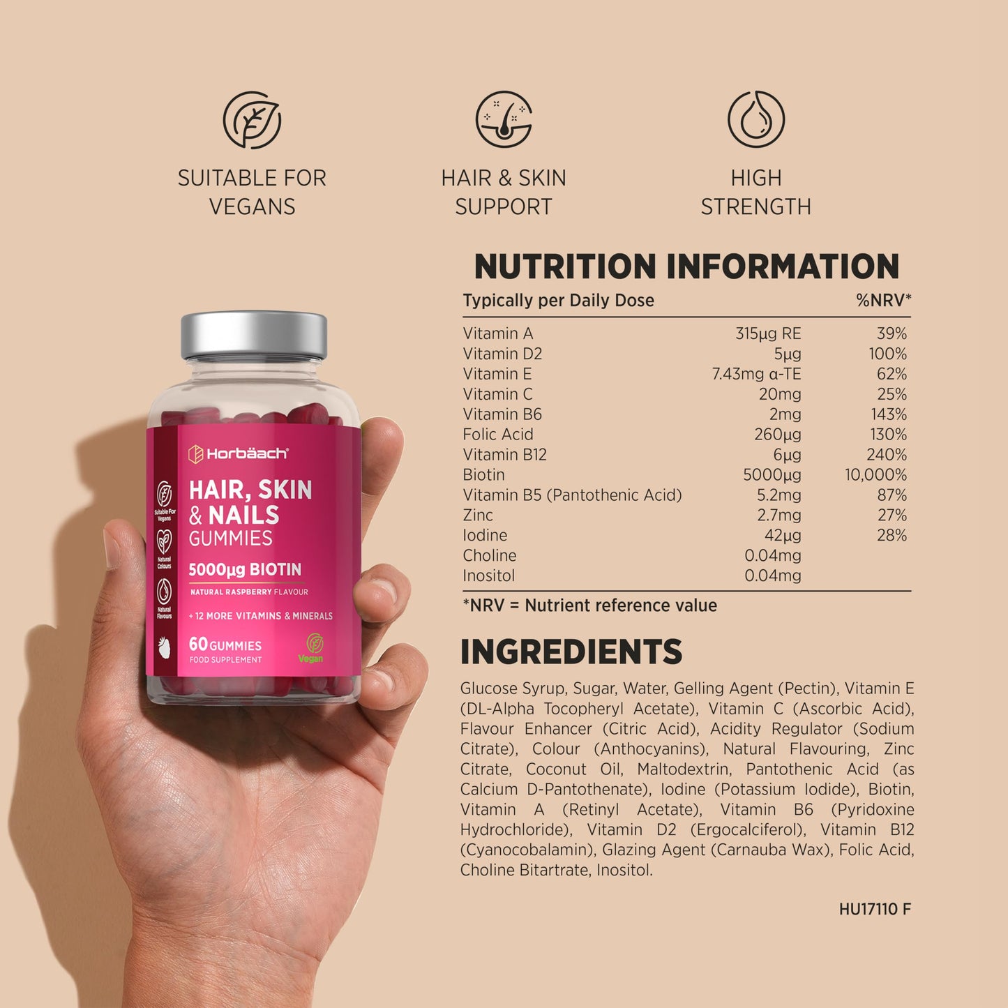 Horbäach Hair Skin and Nails Vitamins | 5000mcg Biotin | Hair Growth Vitamins | with Added Zinc, Vitamin C, E & More! 60 Vegan Gummies | Supplement for Women and Men | by Horbaach