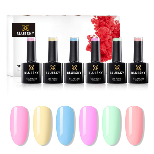 BLUESKY Bluesky Gel Nail Polish Set, Complete Pastel Neon Collection, 6 x 10 ml, Pink, Yellow, Blue, Purple, Green, Peach (Requires Curing Under UV LED Lamp)